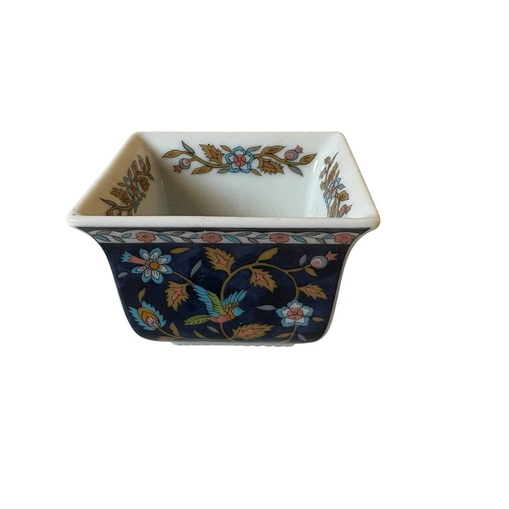 Takahashi Silk Road Hand Painted Porcelain Bowl Blue Floral Birds 1983 Square